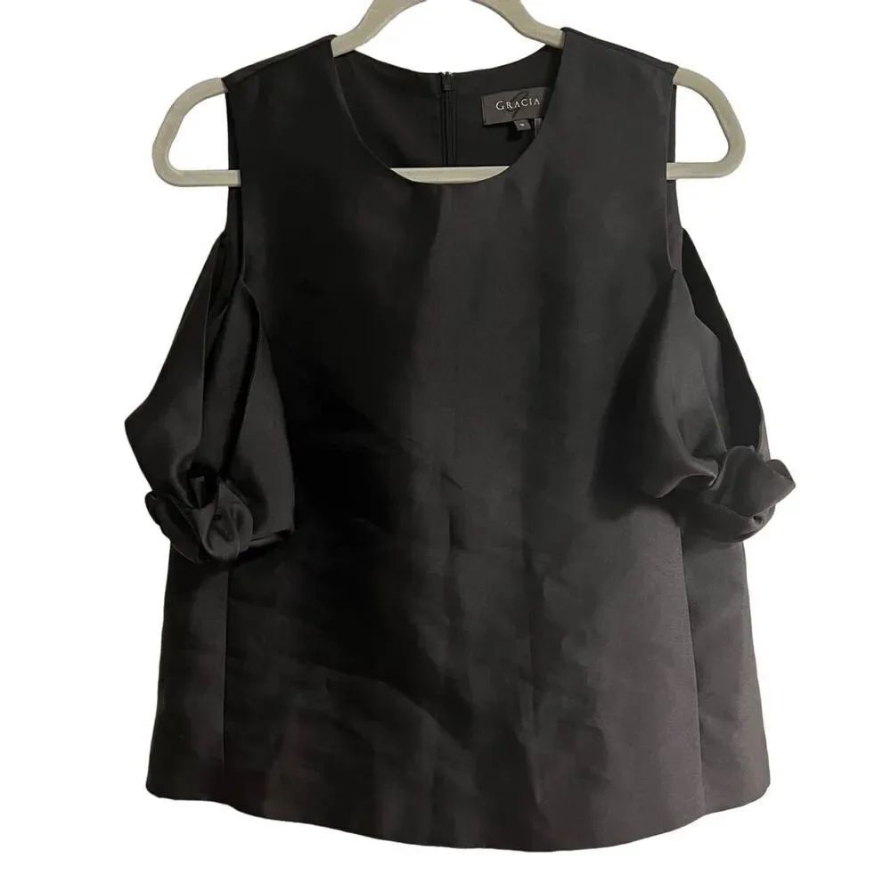 Gracia Black Cold Shoulder Top with Ties Women's Sz. S